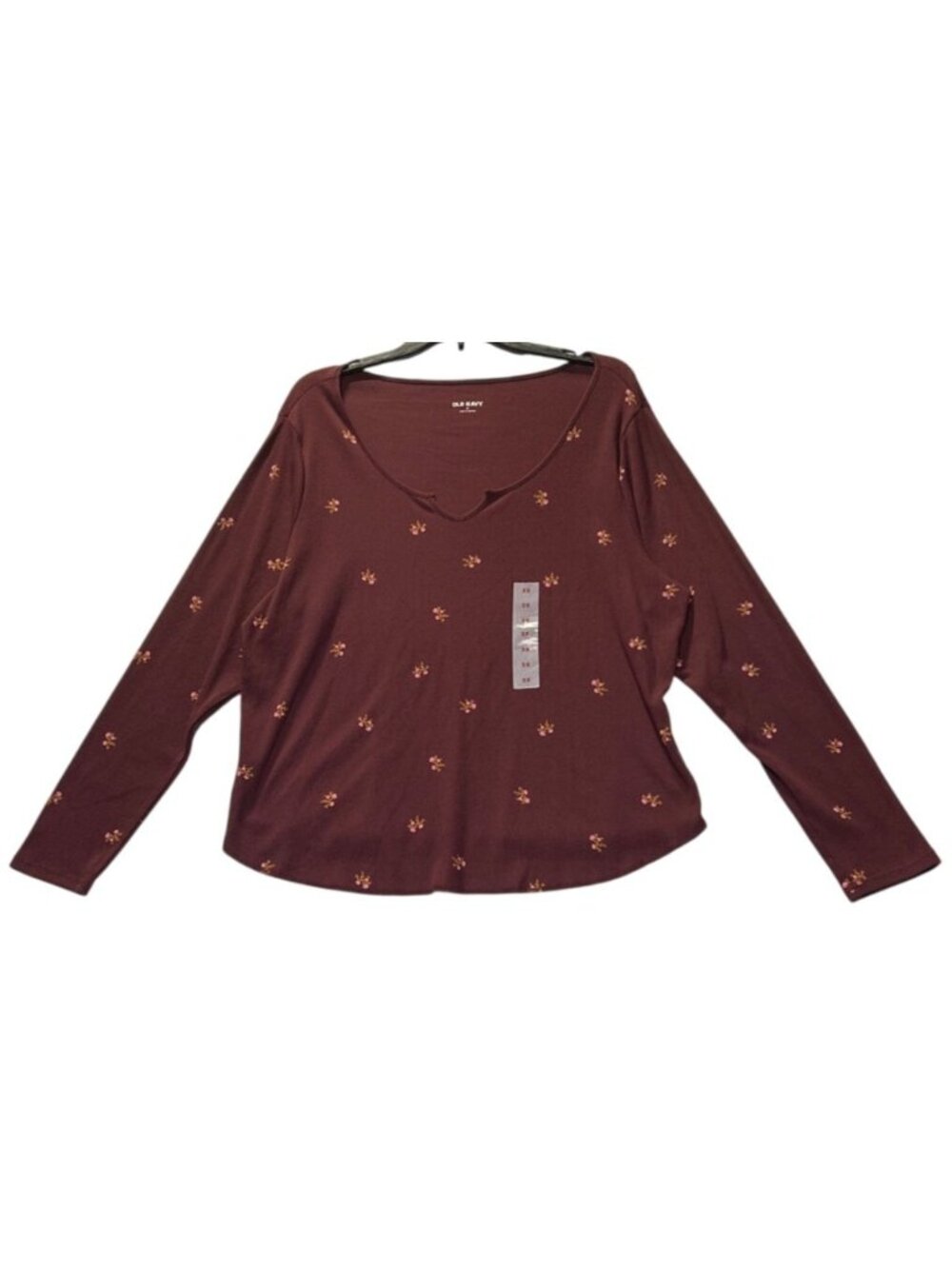 Old Navy Womens Plus Size 3X Burgundy Ribbed Floral Long Sleeve Top